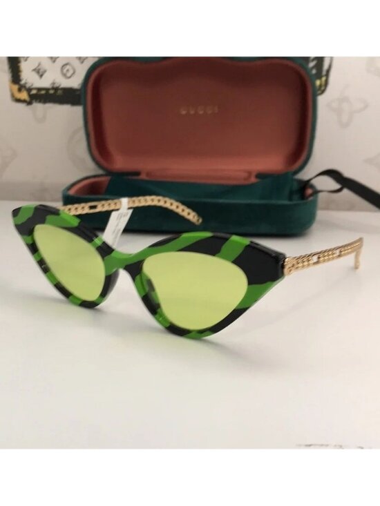 New Authentic Gucci GG0978S 006 Zebra Cat-Eye Sunglasses w/ GG Charms Green/Gold main image 8